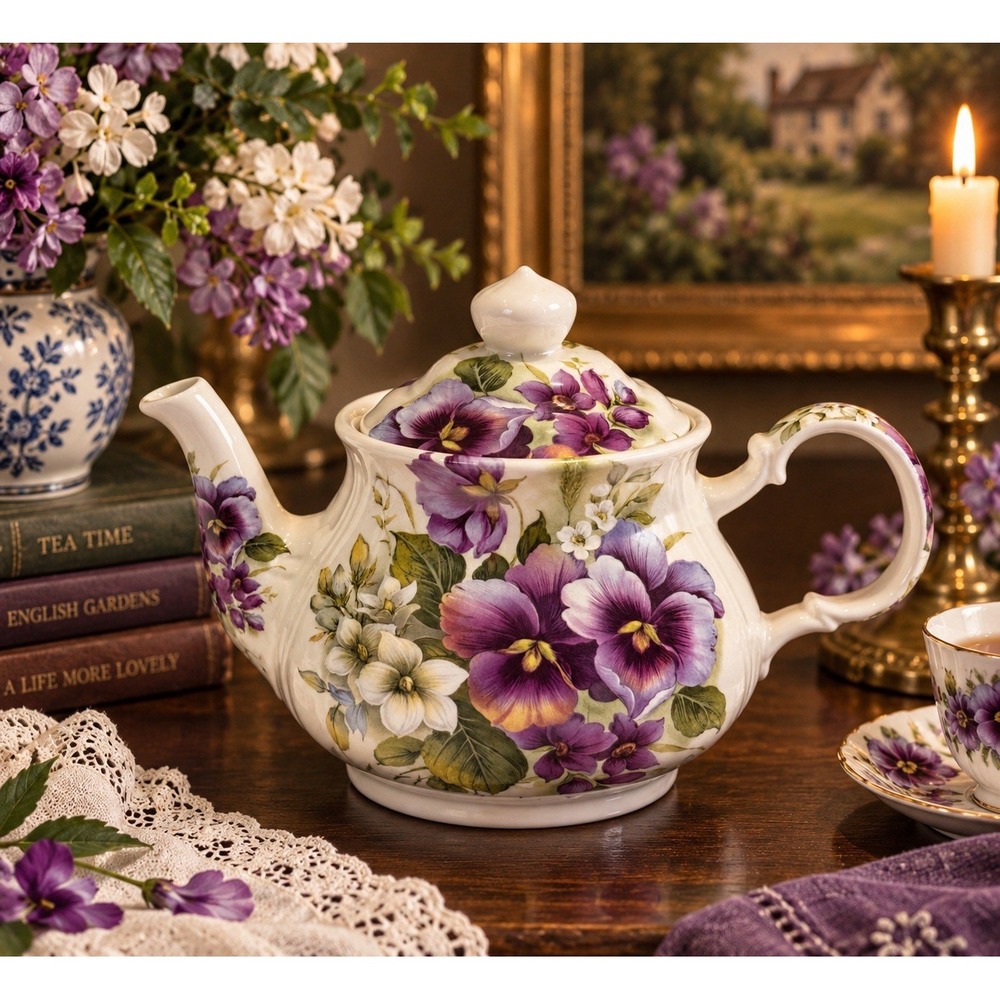 Sadler England Purple Pansy Floral Teapot Vintage Ceramic 6" Cottage Tea Pot